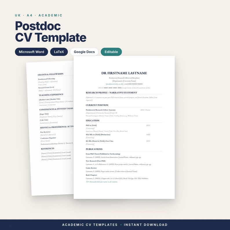 Pode incluir: Um modelo digital de curr&iacute;culo para p&oacute;s-doutorado em formato A4, com se&ccedil;&otilde;es para perfil de pesquisa, cargo atual, educa&ccedil;&atilde;o e publica&ccedil;&otilde;es. O documento inclui espa&ccedil;os para dados de contato e hist&oacute;rico acad&ecirc;mico, compat&iacute;vel com Microsoft Word, LaTeX e Google Docs.