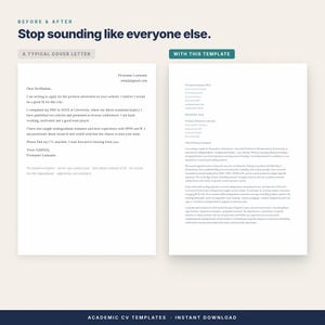 以下が含まれることがあります： Before & After、Stop sounding like everyone else、A Typical Cover Letter、With This Templateというテキストが記載された、2種類のカバーレターを比較するデジタル文書。標準的な手紙の形式と詳細な学術用テンプレートが並べて表示されています。