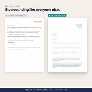 May include: A digital document comparing two cover letters with the text Before & After, Stop sounding like everyone else, A Typical Cover Letter, and With This Template. The document displays a standard letter format next to a template version.