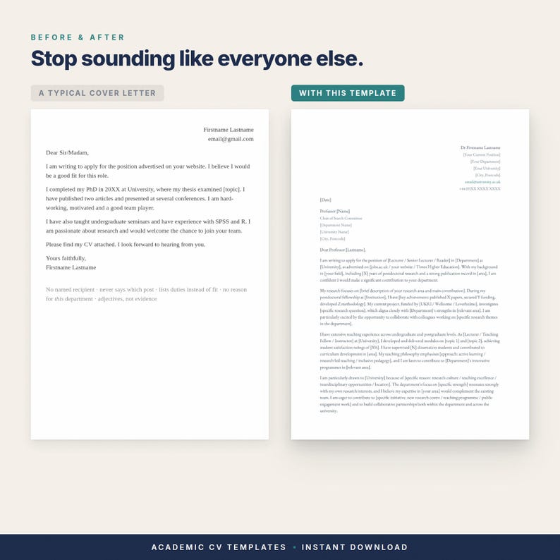 May include: A digital document comparing two cover letters with the text Before & After, Stop sounding like everyone else, A Typical Cover Letter, and With This Template. The document displays a standard letter format next to a template version.