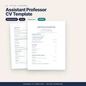 Pu&ograve; includere: Un modello di CV per professore assistente in formato US Letter, con sezioni per interessi di ricerca, incarichi accademici, istruzione e sovvenzioni. Il documento include segnaposto per nome, contatti e pubblicazioni, compatibile con Microsoft Word, LaTeX e Google Docs.