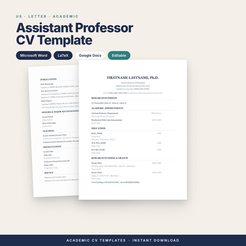 Pu&ograve; includere: Un modello di CV per professore assistente in formato US Letter, con sezioni per interessi di ricerca, incarichi accademici, istruzione e sovvenzioni. Il documento include segnaposto per nome, contatti e pubblicazioni, compatibile con Microsoft Word, LaTeX e Google Docs.