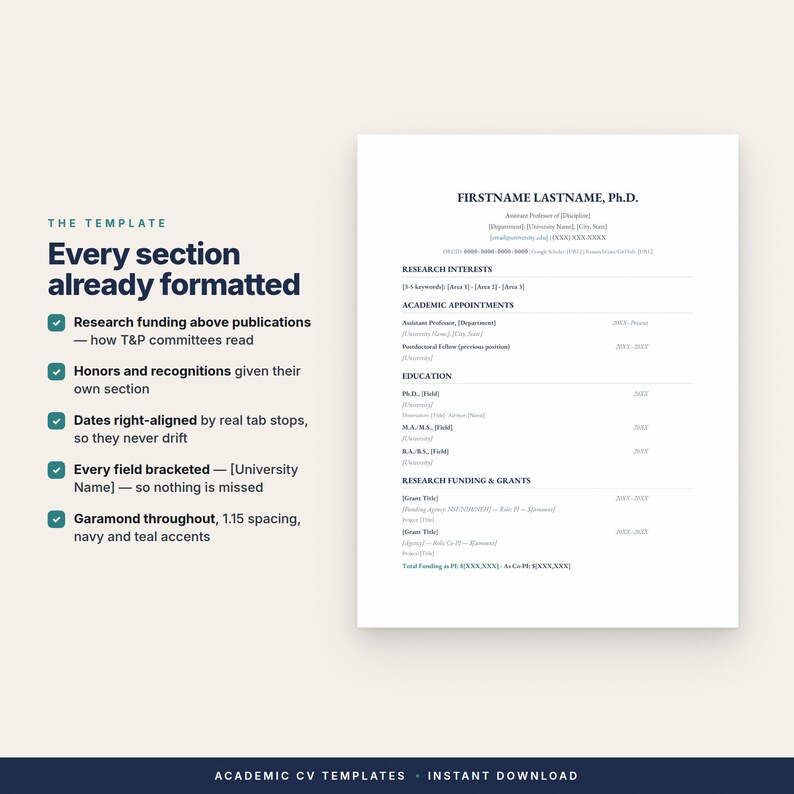 Pu&ograve; includere: Un modello di CV accademico digitale che presenta un documento bianco con accenti di testo blu navy e verde acqua. Il layout include sezioni per interessi di ricerca, incarichi accademici, istruzione e finanziamenti alla ricerca.