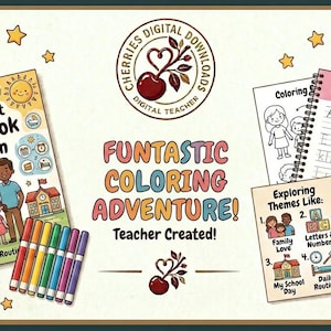 May include: A digital download set featuring a book titled My First Big Book of Fun, a spiral notebook with Let's Explore! text, coloring pages, and colorful crayons. The design includes a Cherries Digital Downloads logo, clocks, and stars.