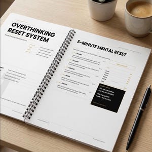 May include: An open spiral-bound notebook with the title "OVERTHINKING RESET SYSTEM" and "5-MINUTE MENTAL RESET" on the pages. A black pen, a small potted plant, and a cup of coffee sit on a light wood surface.