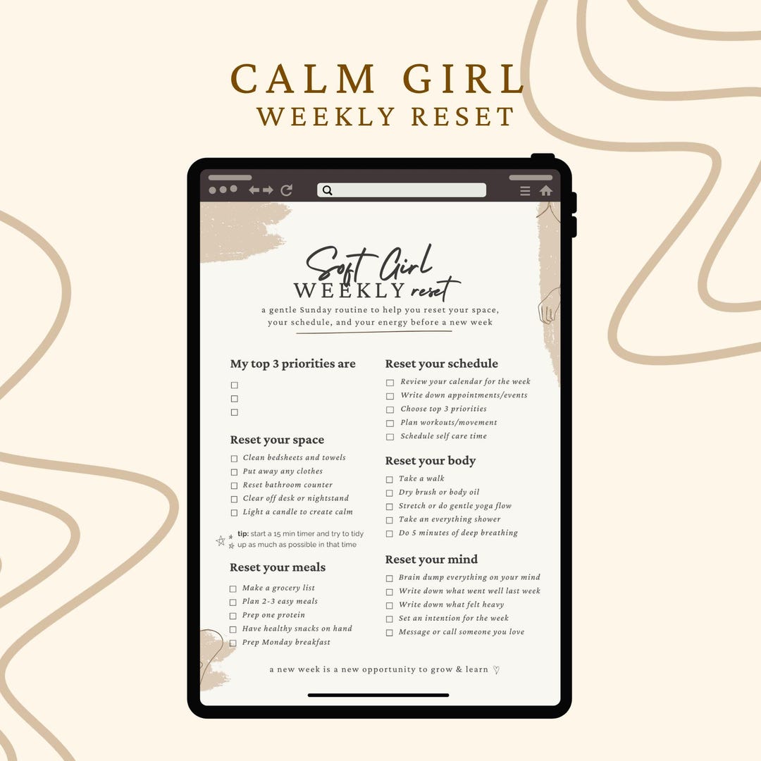 Sunday Reset Checklist Printable, Soft Girl Weekly Reset Routine, Self ...
