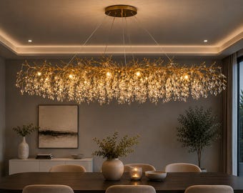 Lustre de galhos de cristal dourado | Luminária pendente moderna de luxo | Iluminação elegante para teto de sala de jantar | Luminária suspensa ajustável