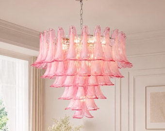 Lustre de vidro Murano rosa | Luminária pendente vintage em formato de pétala | Luminária de teto floral de luxo para sala de jantar, sala de estar e quarto