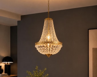Lustre de Cristal com Luminária Pendente | Luminária de Teto Luxuosa em Ouro ou Prata | Elegante Luminária Suspensa para Sala de Estar e Quarto