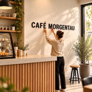 Pode incluir: Letras de parede pretas em relevo formando a inscrição CAFÉ MORGENTAU montadas numa parede interior clara. A sinalização apresenta letras maiúsculas em negrito sem serifas posicionadas sobre um balcão de atendimento em madeira.