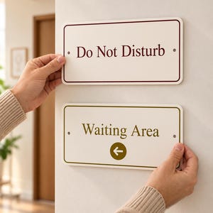 Peut inclure: Deux panneaux rectangulaires blancs aux coins arrondis avec des trous de fixation. Le panneau supérieur affiche le texte rouge foncé Do Not Disturb avec une bordure assortie. Le panneau inférieur présente le texte doré Waiting Area.