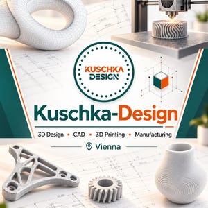 Könnte beinhalten: Eine Werbegrafik für Kuschka-Design mit einem 3D-Drucker, einer weißen 3D-gedruckten Vase, einem Zahnrad und einem Bauteil auf technischen Blaupausen. Der Text lautet Kuschka-Design, 3D Design, CAD, 3D Printing, Manufacturing und Vienna.