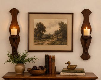 Vintage Handcrafted Wood Wall Sconces, Pair of Early American Candle Holders, Rustic Colonial Wall Decor, Solid Wood Candle Sconces
