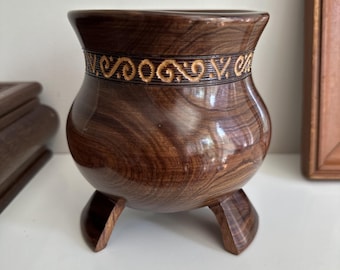 Vintage Hand Turned Wooden Pedestal Bowl | Carved Footed Wood Planter | Rustic Boho Decor | Acacia Koa Style Bowl | Handmade Wood Vessel