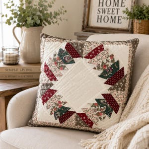 Vintage Quilted Throw Pillow | Burgundy Cream Brown | Patchwork Pillow | Hand Stitched | 14 Inch Square