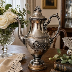 May include: A silver-toned metal coffee pot featuring an ornate lid with a grape cluster finial, a curved handle, and a long spout. The body is decorated with an embossed circular medallion depicting a profile portrait and intricate floral motifs.