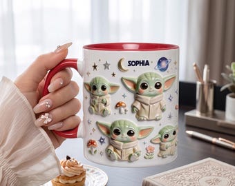 Custom Green Baby Monster Ceramic Mug, Personalized Name Space War Fan Drinkware, Custom Name 3D Character Mug