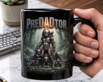 Custom PreDADtor Mug, Custom Dad Predator Family Coffee Cup, Funny Sci-Fi Dad Gift with Kids Names, Fathers Day Mug
