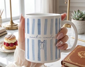 Personalized Auntie Mug, Custom Name Blue Stripe Mug, Auntie Gift from Niece Nephew, Custom Auntie Coffee Mug with Bow