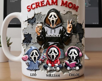 Personalized Horror Mom Mug, Custom Kids Names Coffee Mug, Spooky Mom Gift, Halloween Mom Cup, Horror Lover Mother's Day Gift