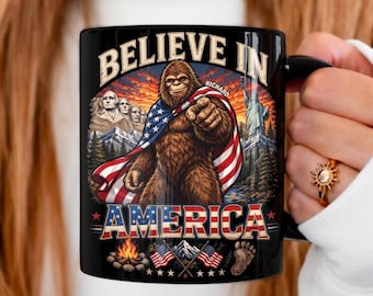 Believe In America Bigfoot Mug, Custom Name Patriotic Sasquatch Coffee Cup, American Pride Gift, USA Flag Mug, Funny Bigfoot Lover Gift