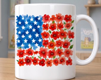 Floral American Flag Mug, Patriotic Flower Mug, 4th of July Floral Mug, Red Poppy Flag Mug, Women's Independence Day Gift
