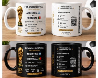 Custom World Cup Ticket Mug, Personalized Football Championship Mug, , Soccer Fan Gift, Stadium Souvenir Cup, Match Day Keepsake