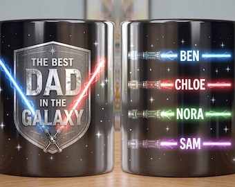 Custom Best Dad In The Galaxy Mug, Personalized Kids Names Lightsaber Coffee Cup, Father’s Day Gift For Dad, Ceramic Mug