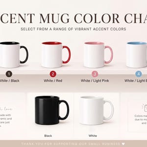 Puede incluir: Una tabla de colores de tazas con seis tazas de cer&aacute;mica. La fila superior muestra cuatro tazas blancas con acentos en el interior y el asa en negro, rojo, rosa claro y azul claro. La fila inferior muestra una taza negra s&oacute;lida y una blanca s&oacute;lida.