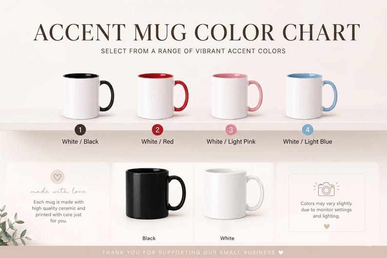 Puede incluir: Una tabla de colores de tazas con seis tazas de cer&aacute;mica. La fila superior muestra cuatro tazas blancas con acentos en el interior y el asa en negro, rojo, rosa claro y azul claro. La fila inferior muestra una taza negra s&oacute;lida y una blanca s&oacute;lida.