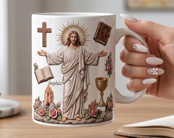 Personalized First Communion Mug for Girls, Custom Catholic Gift with Name, Jesus Christian Coffee Mug, Baptism Confirmation Gift