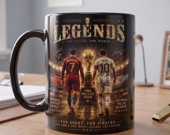 Legends Mug Messi Ronaldo CR7 2026 World Cup - One Dream One World Soccer Coffee Mug, Football Legends Gift for Him