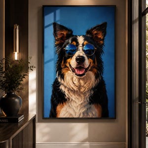Affiche murale imprimable Border Collie, chien rigolo avec lunettes de soleil, portrait d'animal de compagnie original, téléchargement numérique instantané