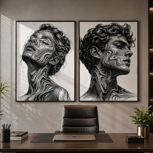 以下が含まれることがあります： 肌に複雑な渦巻き状のマーブル模様が描かれた人物のモノクロポートレートが2枚、額縁に入れられて壁に飾られています。左のポートレートは上を見上げている人物、右のポートレートは横を向いている人物が描かれています。