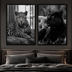 May include: Two framed black and white wall art prints displayed above a bed. The left print features a spotted leopard resting, while the right print shows a black panther reclining on a tufted piece of furniture. Both images are monochromatic.