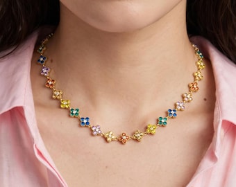 Collier Fleur Trèfles Cristal Bleu Rose multicolore en Acier Inoxydable | Collier Femme Élégant | Bijou Floral Tendance | Cadeau Femme