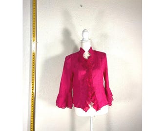 Lena Gabrielle Hot Pink 100% Linen Ruffle Jacket Mock Neck Bell Sleeve Size 8