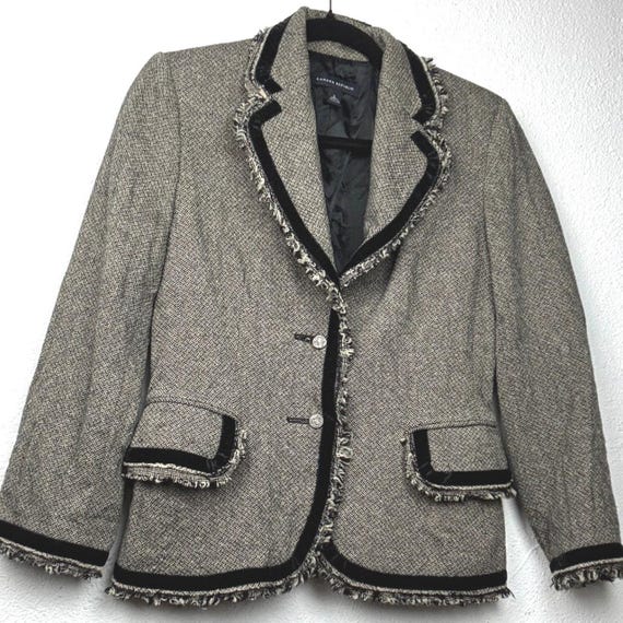 Banana Republic, Banana Republic Black White Herringbone Wool Blazer 6 Velvet Trim Fringe