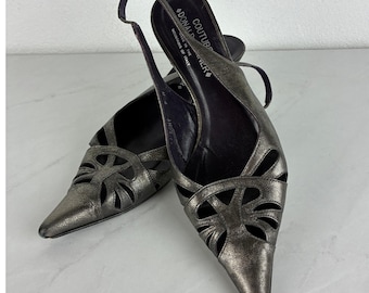 Couture Donald J Pliner Metallic Pewter Leather Cutout Slingback Heels 9M Italy