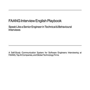 May include: A white document titled worduo FAANG Interview English Playbook. The text reads: Speak Like a Senior Engineer in Technical & Behavioural Interviews. A Self-Study Communication System for Software Engineers Interviewing at FAANG, Top AI Companies, and Global Technology Firms. The number 1 is at the bottom right.