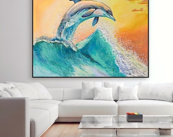 3D Textured Dolphin Wall Art Canvas Painting, Custom Abstract Hand Painted Living Room, Home Decor, Large Relief Painting, Personalized Gift