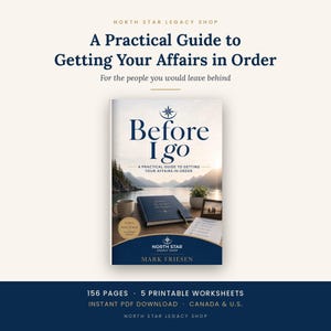 Puede incluir: Un libro titulado Before I Go: A Practical Guide to Getting Your Affairs in Order de Mark Friesen. La portada muestra un paisaje de lago y montañas, un cuaderno oscuro, un bolígrafo, una taza, una planta pequeña y una foto.