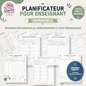Peut inclure: Un ensemble de planificateurs pour enseignant imprimables comprenant plusieurs pages pour l'organisation mensuelle et hebdomadaire, le suivi des élèves et les communications. Les documents sont blancs avec du texte noir et des motifs botaniques.