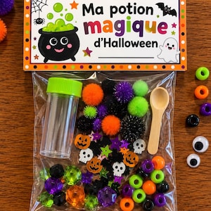 Peut inclure: Un sachet en plastique transparent contenant un kit de loisirs créatifs d'Halloween avec une carte en-tête portant l'inscription Ma potion magique d'Halloween. Le kit inclut un petit récipient transparent, une cuillère en bois, des pompons.