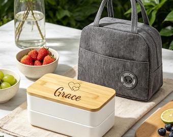 Custom Engraved Bamboo Lid Bento Box,Personalized 2-Tier lunch box,Compartmentalized Lunch Box For Kids,Adult,Picnic Meal Prep Box