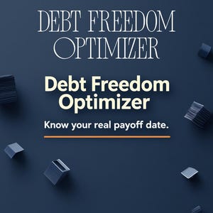 May include: A dark blue digital graphic featuring the text TAKE CONTROL OF DEBT, DEBT FREEDOM OPTIMIZER, Debt Freedom Optimizer, Know your real payoff date, and Know your actual debt payoff date, accented by small scattered dark blue cubes.