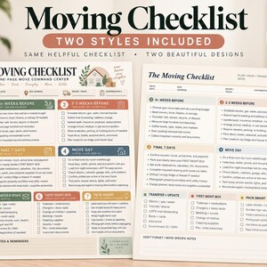 Könnte beinhalten: Zwei druckbare Umzugs-Checklisten auf Papier. Das linke Dokument zeigt ein farbenfrohes, illustriertes Layout mit sieben nummerierten Abschnitten. Das rechte Dokument präsentiert ein klares, minimalistisches Rasterdesign.