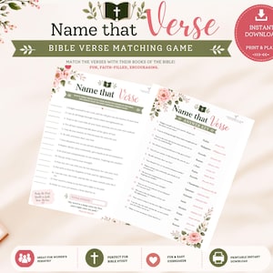 May include: A Name that Verse Bible verse matching game printable set featuring floral accents, a game sheet with numbered verses, and an answer key sheet. The design includes pink flowers, green leaves, and text headers on white paper sheets.