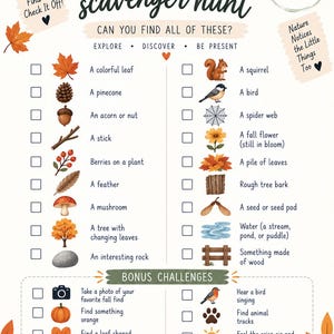 May include: A Fall Walk Scavenger Hunt checklist featuring colorful illustrations of nature items like leaves, a squirrel, and a pinecone. The document includes text prompts for exploration, bonus challenges, and the Storyseed & Sow brand logo.