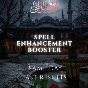 Pode incluir: Uma cena escura e atmosférica com uma fonte de pedra em primeiro plano e uma rosa vermelha. Ao fundo, uma mesquita é visível sob uma lua crescente. O texto diz: SPELL ENHANCEMENT BOOSTER, SAME DAY, FAST RESULTS e escrita árabe.